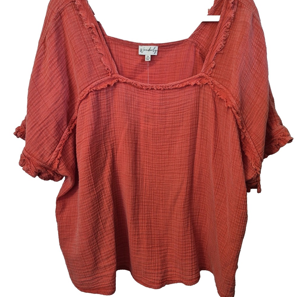 Wonderly Womens Orange Square Autumn Color Short Sleeve Gauze 100% Cotton Top 2X
